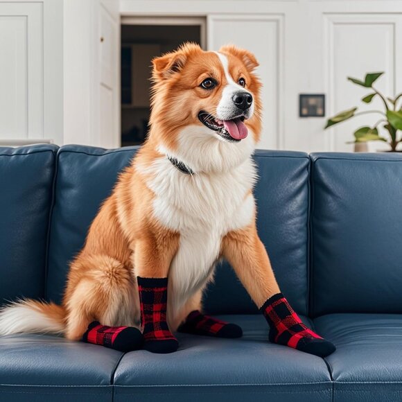 Anti-Slip Dog Socks for Large Dogs - Winter Boots for Cold Weather - Red & Black - Picture 3 of 6